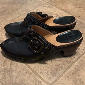 Frye Candice woven heel clog black leather 8 gold